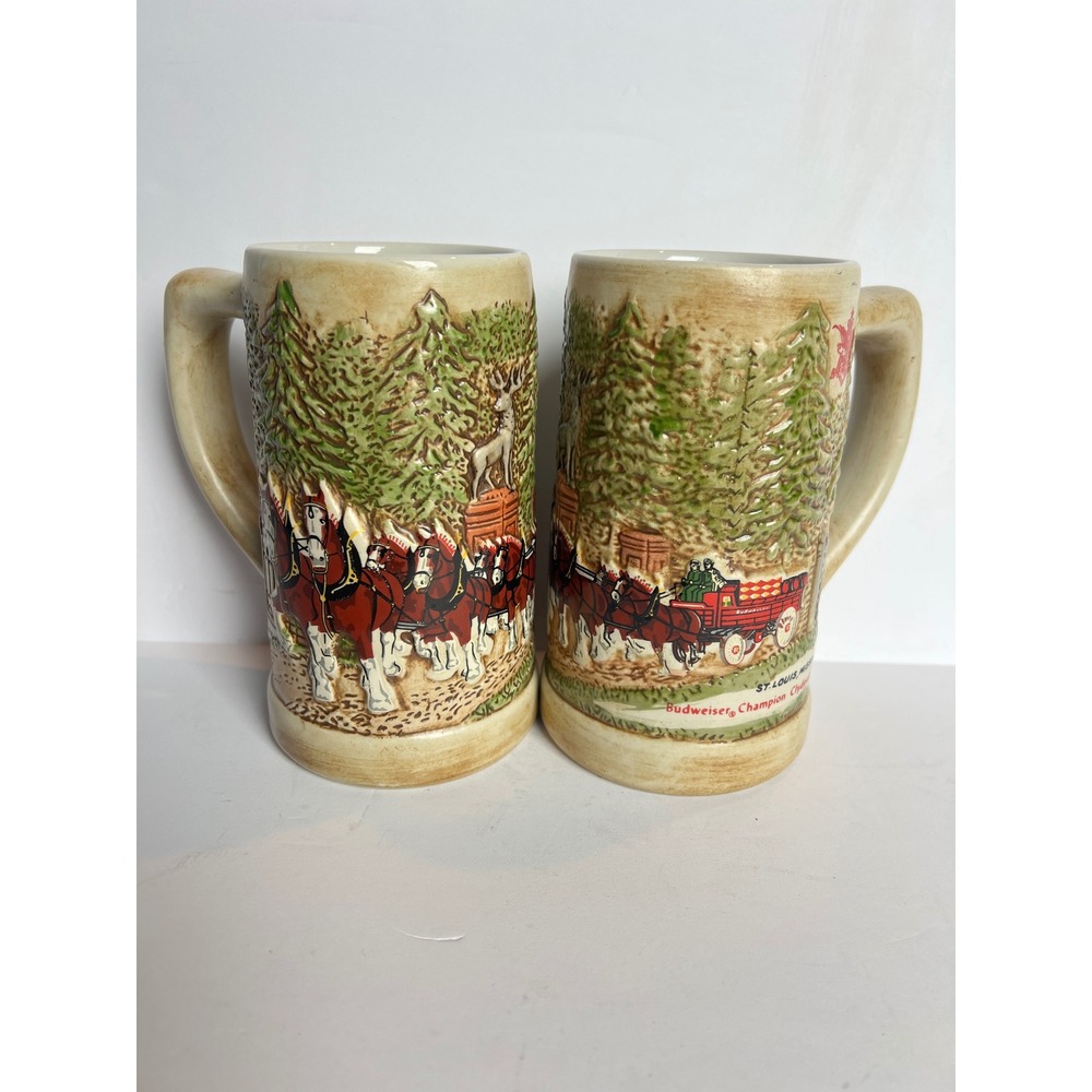 Vintage Budweiser Champion Clydesdales Beer Stein Set of 2 Ceramarte Brazil 6.5"